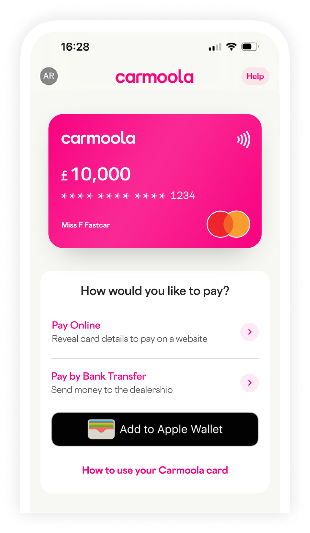 Carmoola virtual Mastercard